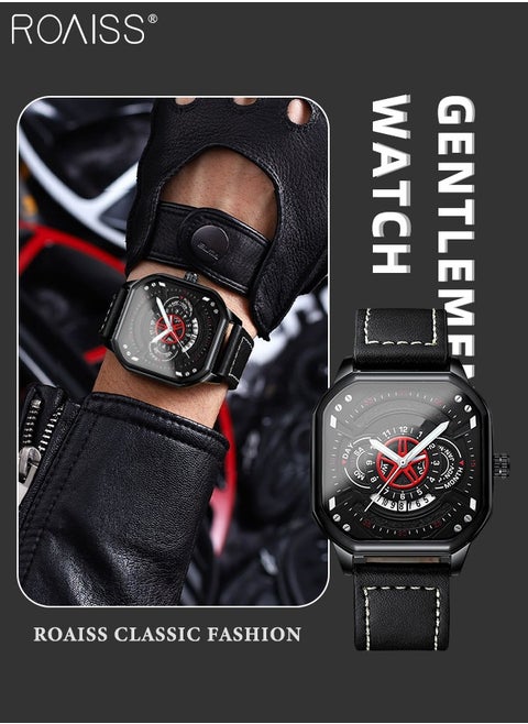 Men's Leather Strap Quartz Watch, Analog Display Square Shape Dial Watch with Date and Week Display, Waterproof Luminous Watch as Gift for Men