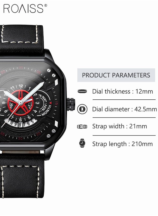 roaiss - Men's Leather Strap Quartz Watch, Analog Display Square Shape Dial Watch with Date and Week Display, Waterproof Luminous Watch as Gift for Men - Image 1