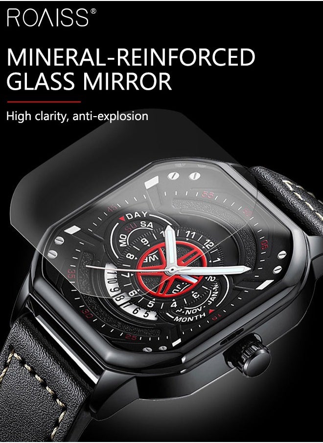 roaiss - Men's Leather Strap Quartz Watch, Analog Display Square Shape Dial Watch with Date and Week Display, Waterproof Luminous Watch as Gift for Men - Image 1