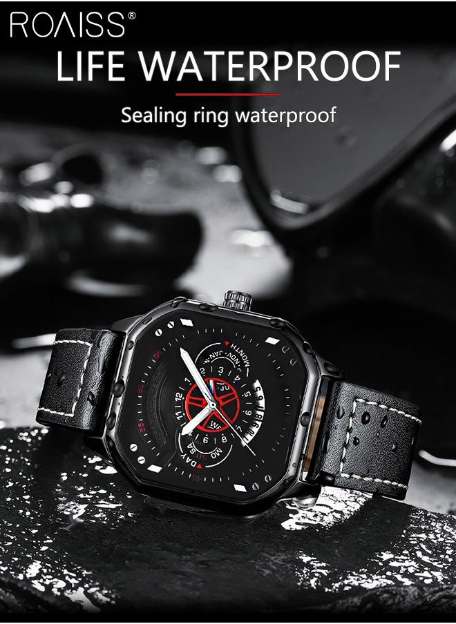 roaiss - Men's Leather Strap Quartz Watch, Analog Display Square Shape Dial Watch with Date and Week Display, Waterproof Luminous Watch as Gift for Men - Image 1