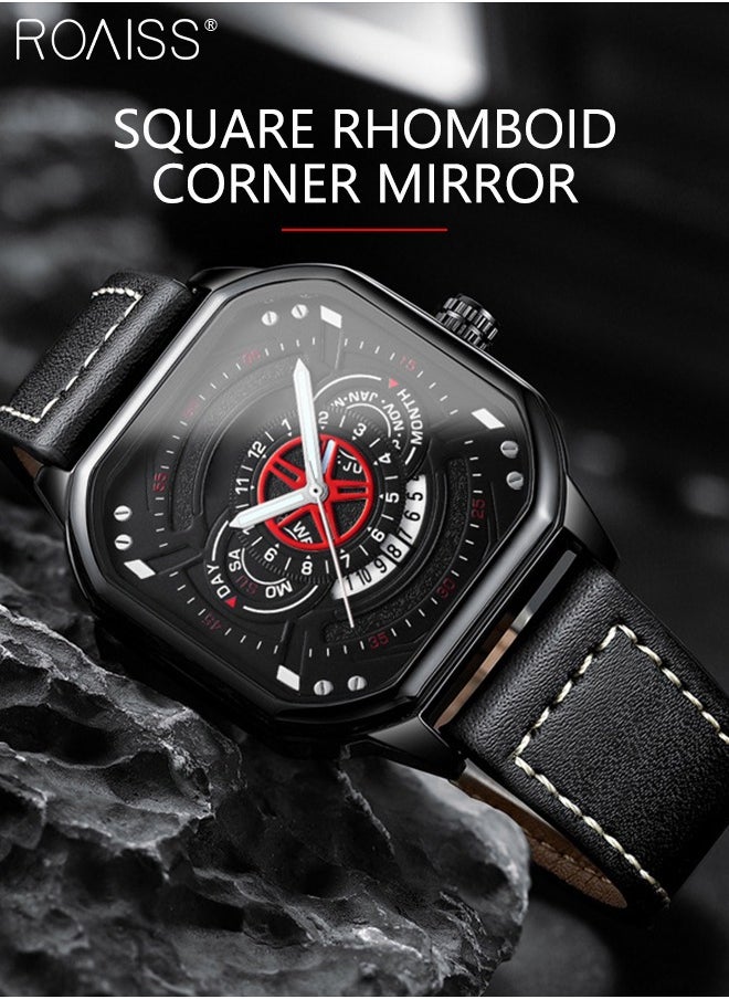 roaiss - Men's Leather Strap Quartz Watch, Analog Display Square Shape Dial Watch with Date and Week Display, Waterproof Luminous Watch as Gift for Men - Image 1