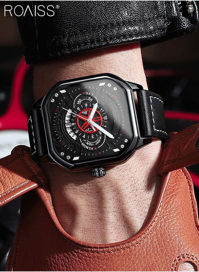 roaiss - Men's Leather Strap Quartz Watch, Analog Display Square Shape Dial Watch with Date and Week Display, Waterproof Luminous Watch as Gift for Men - Image 1
