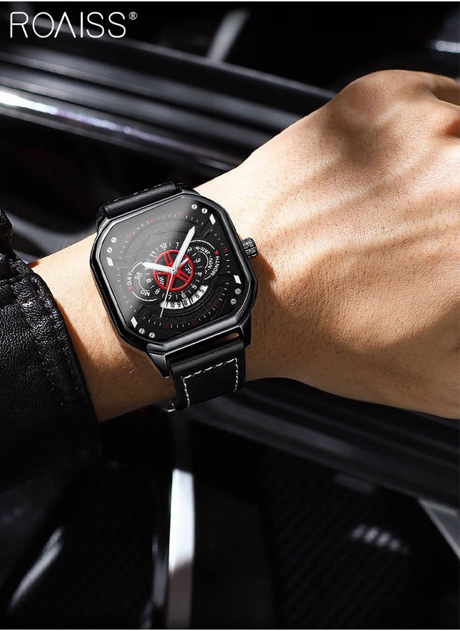 roaiss - Men's Leather Strap Quartz Watch, Analog Display Square Shape Dial Watch with Date and Week Display, Waterproof Luminous Watch as Gift for Men - Image 1