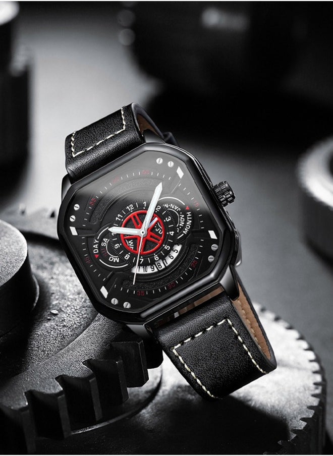 roaiss - Men's Leather Strap Quartz Watch, Analog Display Square Shape Dial Watch with Date and Week Display, Waterproof Luminous Watch as Gift for Men - Image 1