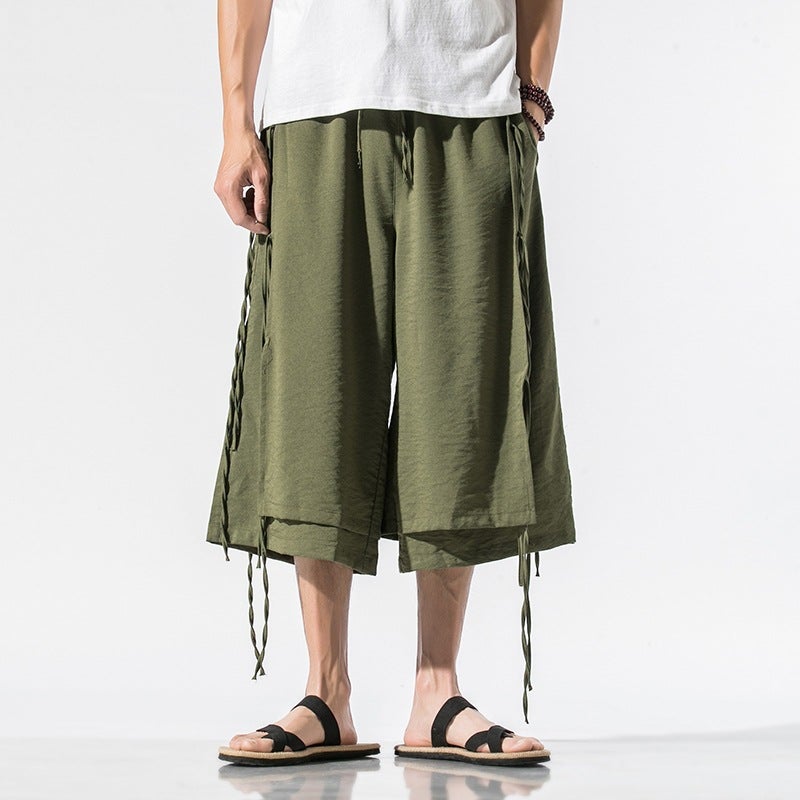 Summer plus size Chinese style cotton and linen casual pants for men and women dark pendant ribbon antique Chinese clothing song pants K92/P85 - Image 1