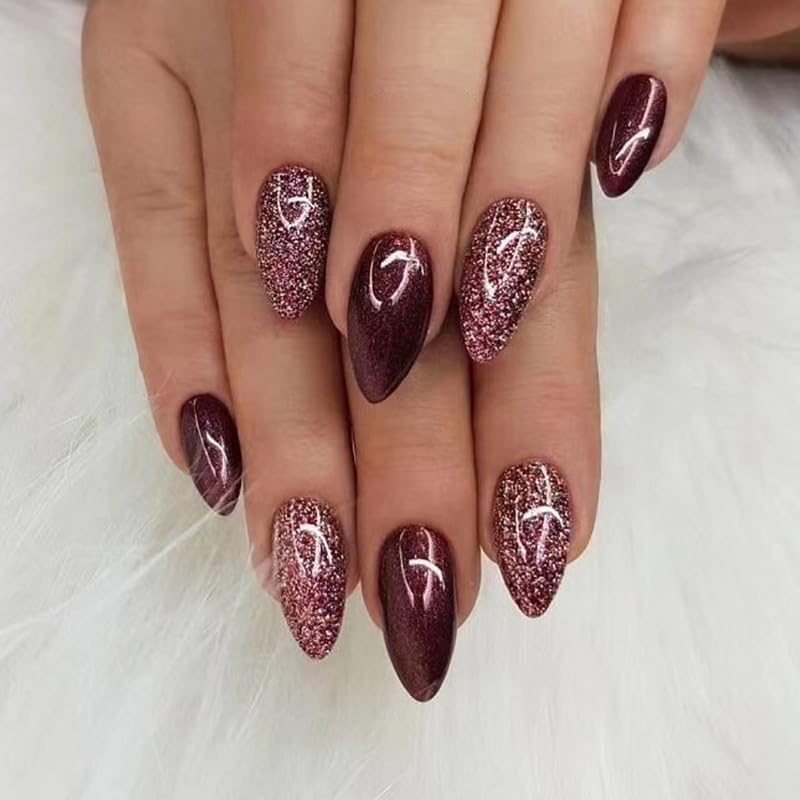 24pcs Short Almond False Burgundy Glitter Press on Nails Sequins Stick on Acrylic Removable Glueon Full Cover Women Brides Nail Art Accessories