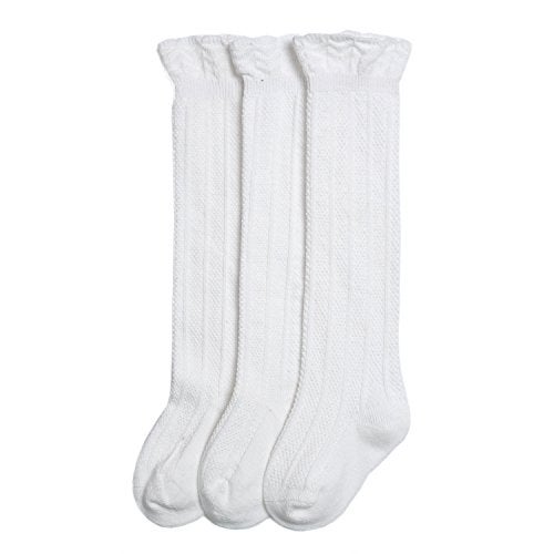 EPEIUS 3 Pair Pack Baby Girls Boys No Seam White Uniform Knee High Socks Tube Ruffled Stockings Infants and Toddlers for 12-36 Months,White - Image 1