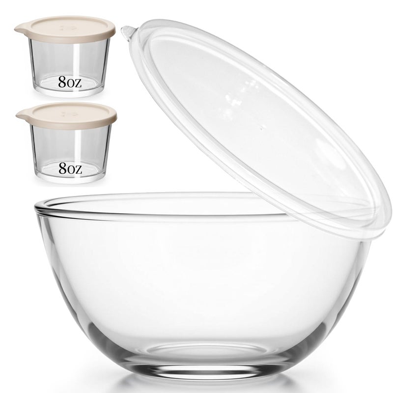 CD HOME Large Glass Bowl for Sourdough Bread Making with Lid, 5Quart Deep Big Glass Bowl Large Salad Bowl with 8oz Small Bowls(clear) - Image 1