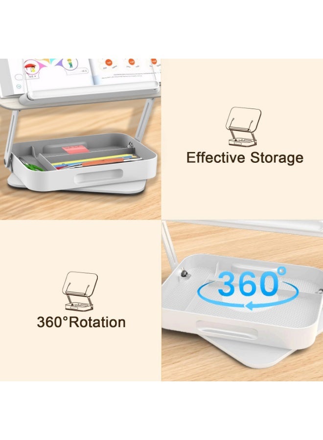 Book Stand for Reading with Storage, Adjustable Book Holder with 360° Rotating Bases, Foldable Desktop Riser Stand, Elastic Clips for Cookbook Recipe Magazines Tablets, Laptops - Image 3