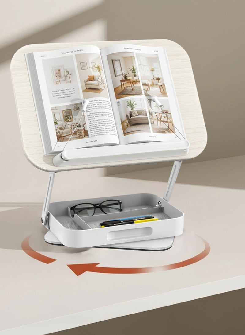 Book Stand for Reading with Storage, Adjustable Book Holder with 360° Rotating Bases, Foldable Desktop Riser Stand, Elastic Clips for Cookbook Recipe Magazines Tablets, Laptops - Image 1