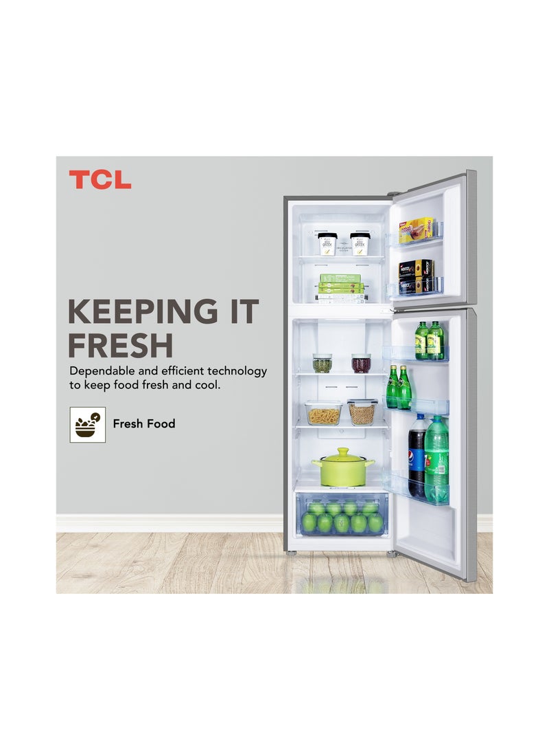 TCL 324 Liters Double Door Top Mount Refrigerator, Total No Frost Fridge & Freezer With Powerful Interior LED Light and Large Crisper Drawer with Humidity Control 324 L P324TMN Inox - Image 5