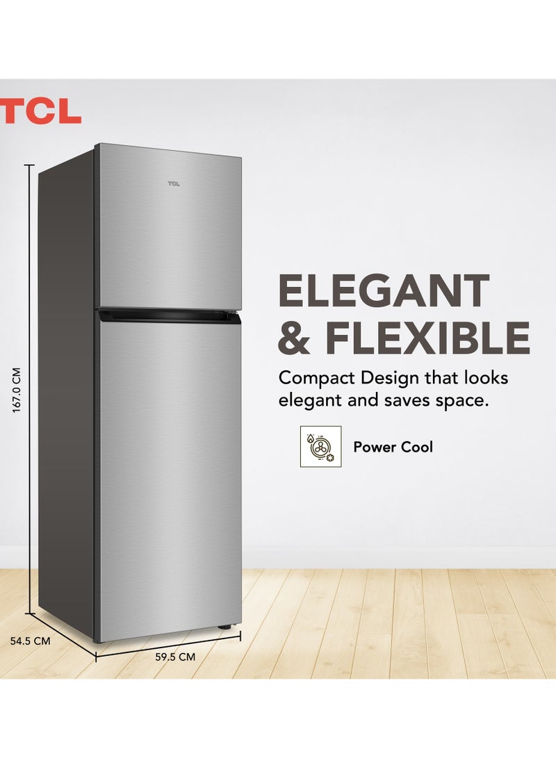 TCL 324 Liters Double Door Top Mount Refrigerator, Total No Frost Fridge & Freezer With Powerful Interior LED Light and Large Crisper Drawer with Humidity Control 324 L P324TMN Inox - Image 3