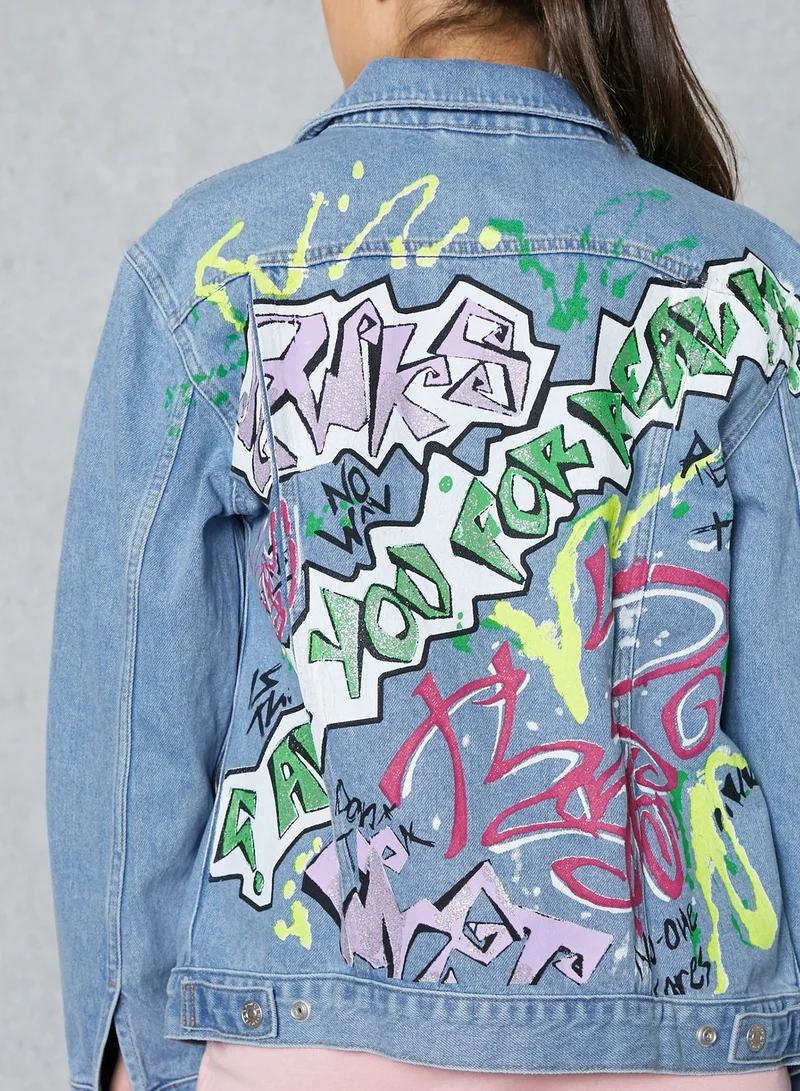 TOPSHOP Graffiti Print Denim Jacket