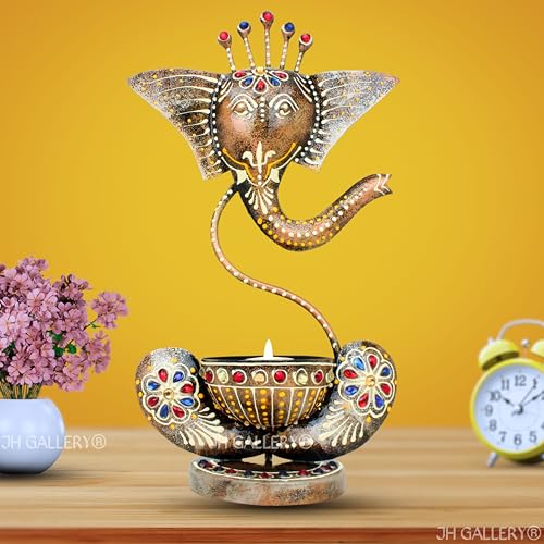 JH Gallery Handcrafted Metal Ganesha Tealight Candle Holder for Home Decor/Showpiece Decorations Items for Home, Living Room, Pooja Room-Corporate Gift Items (Antique Black),Black Matty - Image 1