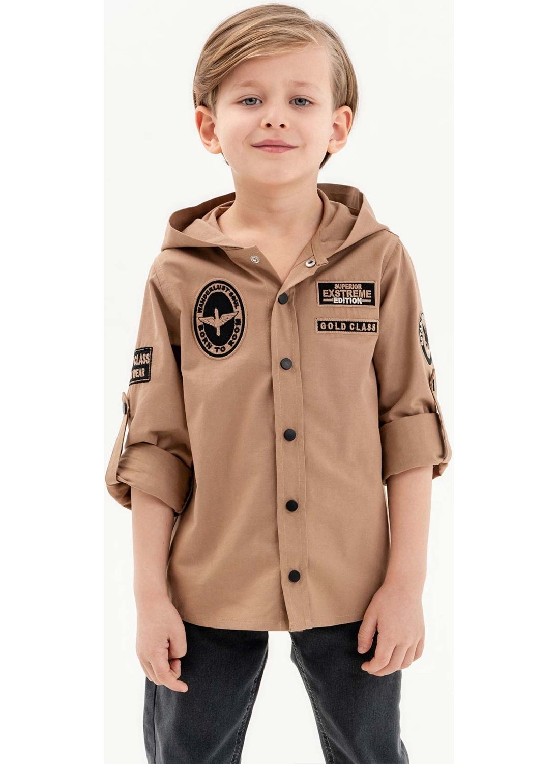 Gold Class Kidswear Snap-On Hooded Embroidered 100% Cotton Boy's Shirt  - Image 1