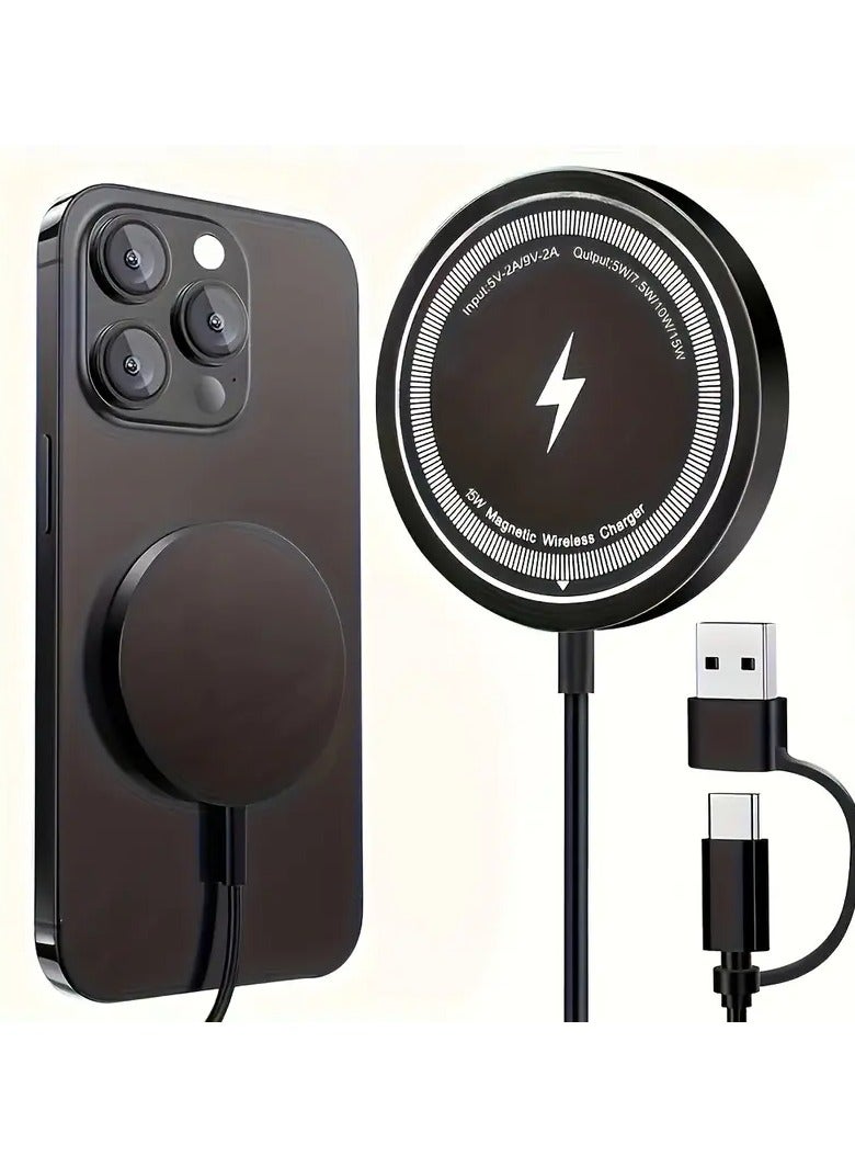 15W Fast Magnetic Wireless Charger – Compatible with All Wireless Charging Phones, Dual USB-C/A Ports, Overcharge Protection, Lightweight & Portable, Black - Image 1