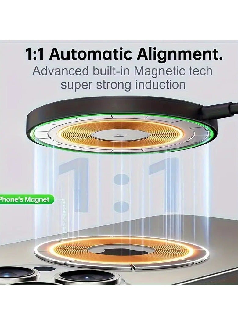 15W Fast Magnetic Wireless Charger – Compatible with All Wireless Charging Phones, Dual USB-C/A Ports, Overcharge Protection, Lightweight & Portable, Black - Image 3