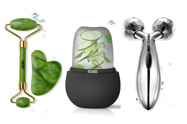 ZEXREL 3D Manual Roller Face Body Massager With And Anti Aging 100% Natural Jade Stone Roller Msagger With Gua Sha Tools for Face and Body Massager - Image 1