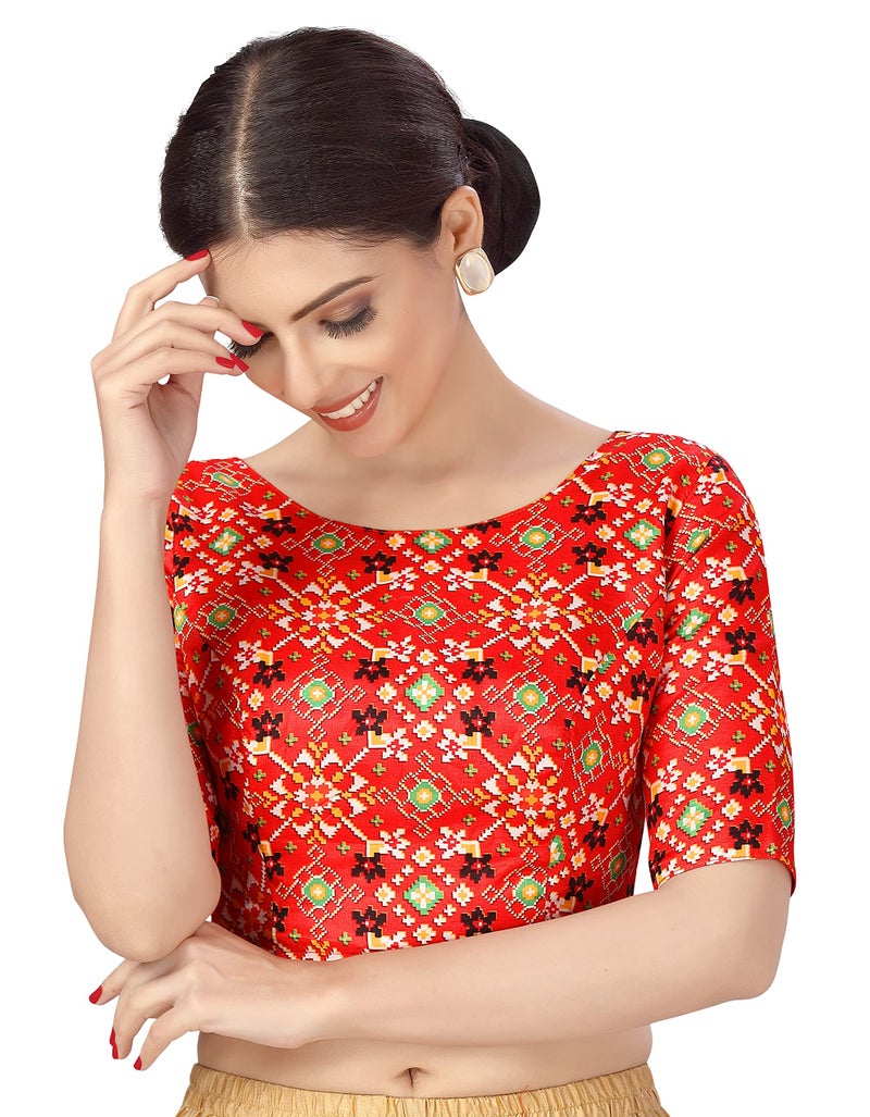 Studio Shringaar Women Crepe Elbow Length Sleeves Readymade Ikkat Printed Saree Blouse (Red, 34) - Image 3