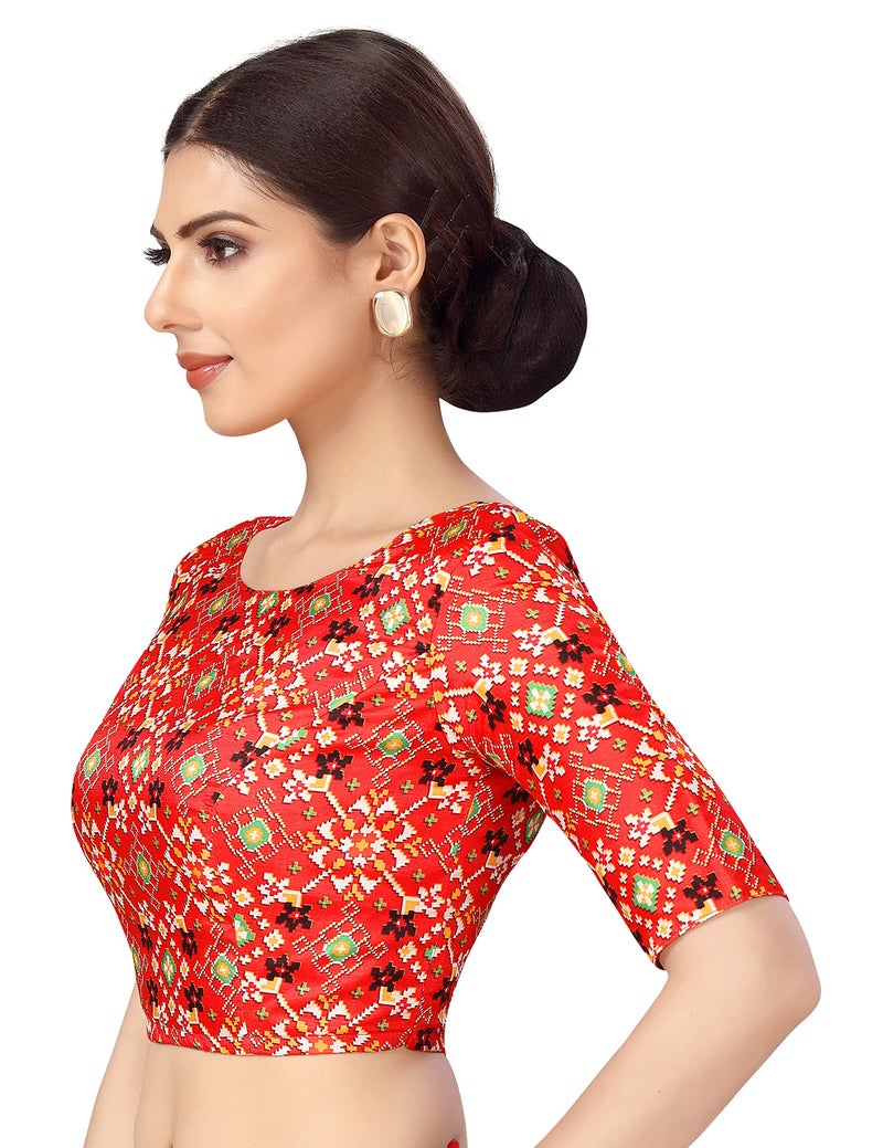 Studio Shringaar Women Crepe Elbow Length Sleeves Readymade Ikkat Printed Saree Blouse (Red, 34) - Image 2