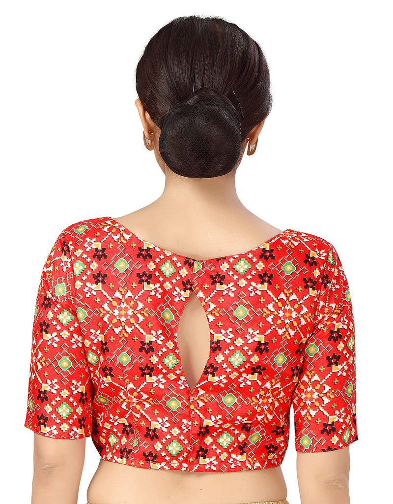 Studio Shringaar Women Crepe Elbow Length Sleeves Readymade Ikkat Printed Saree Blouse (Red, 34) - Image 4