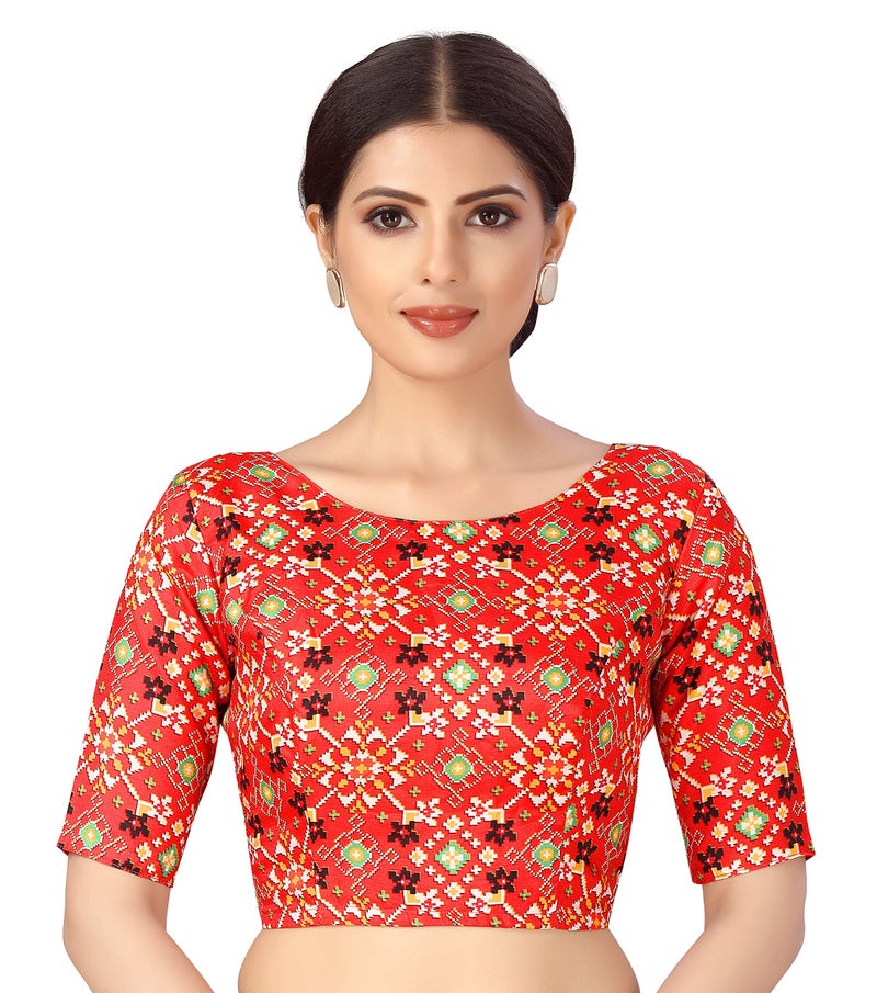 Studio Shringaar Women Crepe Elbow Length Sleeves Readymade Ikkat Printed Saree Blouse (Red, 34) - Image 1