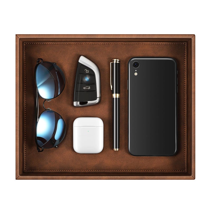 SITHON Valet Tray Desk Organizer PU Leather Catchall Bedside Vanity Tray Nightstand Caddy Coin Box Key Jewelry Storage Organizer Brown