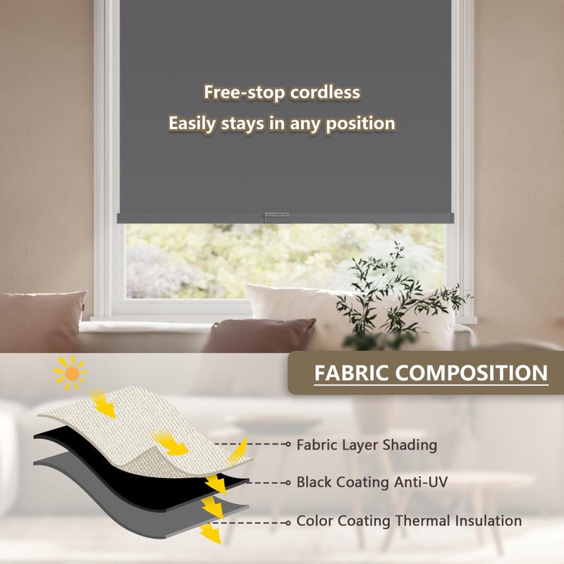 SUNOFF Cordless Blackout Roller Shades Blinds for Windows Free-Stop,Pull Down Room Darkening with Valance,Thermal Insulated Woven Fabric Window Door Blinds for Home,Office,Grey 20" W x 72" H - Image 4
