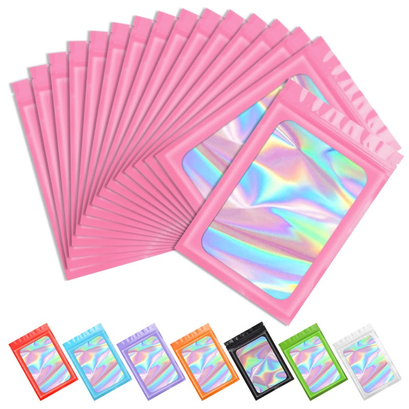 Funfery 100 pcs Pink Holographic Mylar Packaging Bags Clear Sealing Resealable Smell Proof Bag Foil Pouch Zipper Bag for Food StorageLipglossJewelryEyelash Packaging for Small Business4x6In