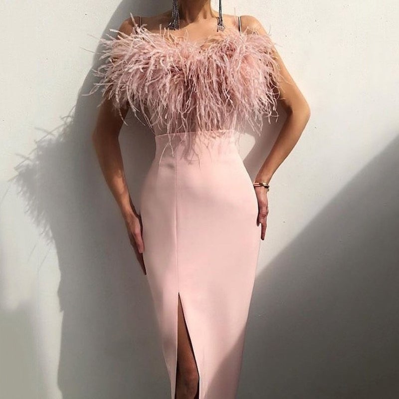 2024 Elegant Feather Slip Dress Slimming Black  - Image 2