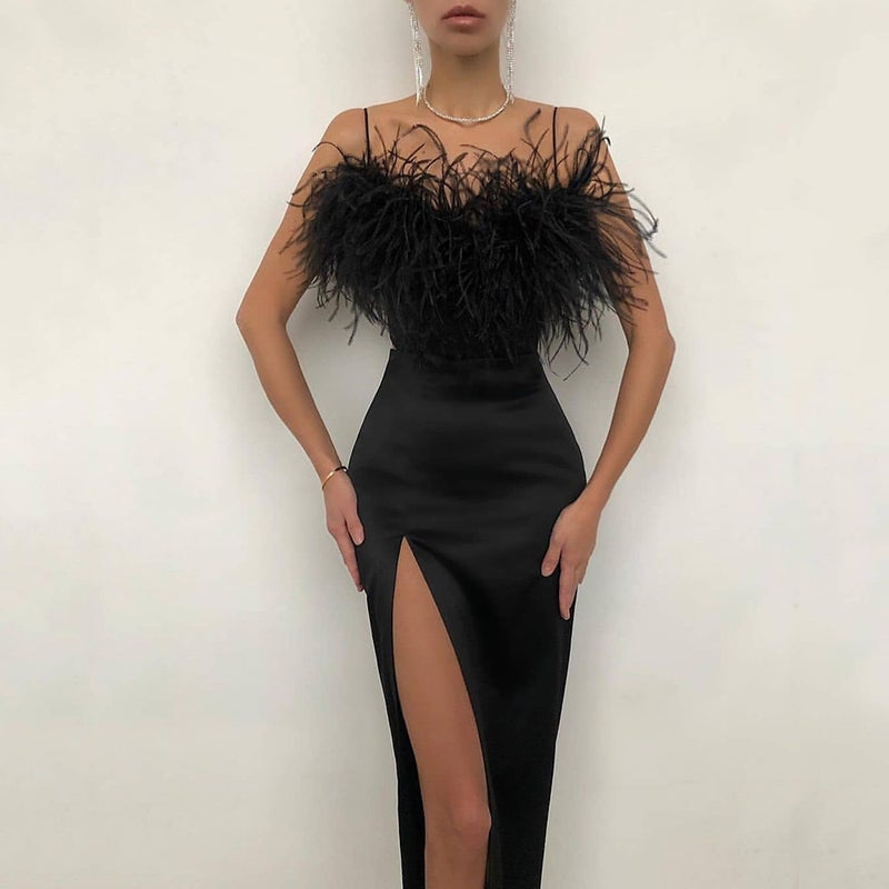 2024 Elegant Feather Slip Dress Slimming Black  - Image 1