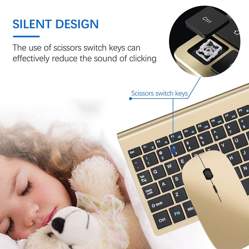 TopMate Wireless Keyboard and Mouse Ultra Slim Combo, TopMate 2.4G Silent Compact USB 2400DPI Mouse and Scissor Switch Keyboard Set with Cover, Batteries Included, for PC/Laptop/Windows/Mac - Gold Black - Image 2