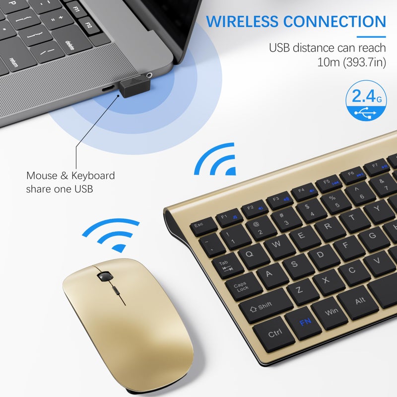 TopMate Wireless Keyboard and Mouse Ultra Slim Combo, TopMate 2.4G Silent Compact USB 2400DPI Mouse and Scissor Switch Keyboard Set with Cover, Batteries Included, for PC/Laptop/Windows/Mac - Gold Black - Image 3