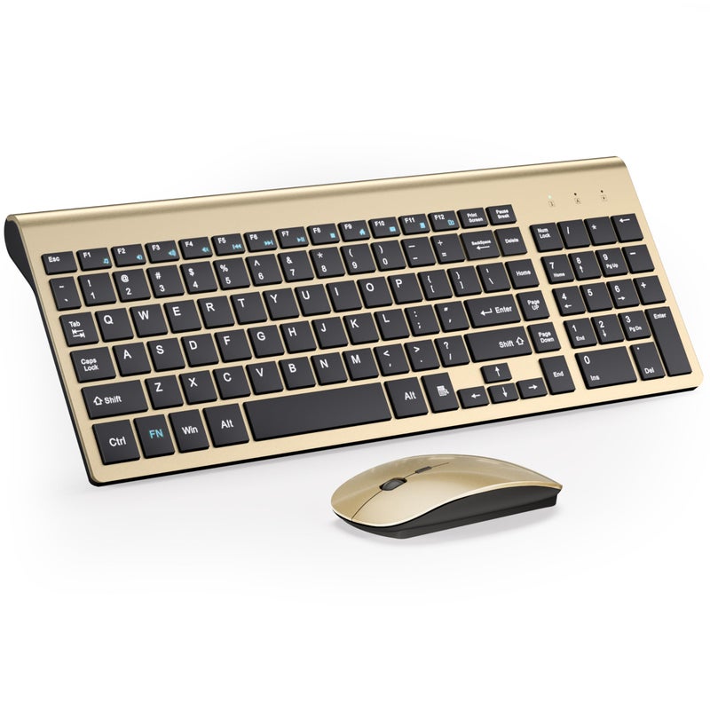 TopMate Wireless Keyboard and Mouse Ultra Slim Combo, TopMate 2.4G Silent Compact USB 2400DPI Mouse and Scissor Switch Keyboard Set with Cover, Batteries Included, for PC/Laptop/Windows/Mac - Gold Black - Image 1