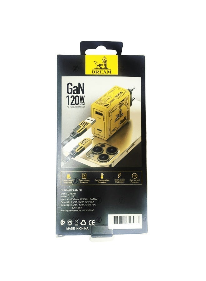 دريم شاحن دريم D-1797 GaN بقوة 120 واط – شحن فائق السرعة PD وQC 3.0 – كابل 4 في 1 – شاحن متعدد الأجهزة - Image 4
