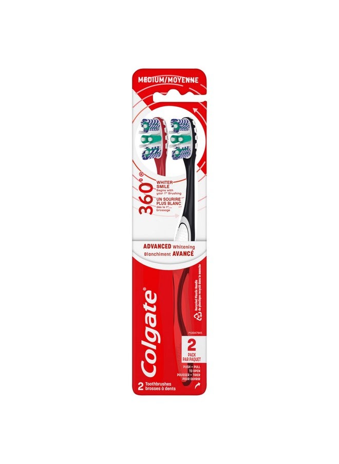 Colgate Colgate 360 Optic White Advanced Whitening Toothbrush, Adult Medium Toothbrush with Whitening Cups, Helps Whiten Teeth and Removes Odor Causing Bacteria, 2 Pack  - Image 1