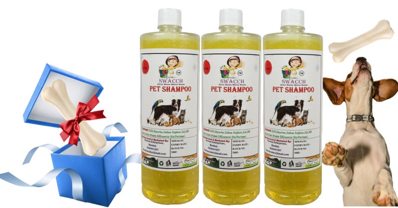 swacch Shampoo | Puppy Safe Shampoo | Pet Shampoo (1 Litre) (Pack of 3) Lemon + Large White Bone | Dog Chew Bones | Teething chew Toy | Dental Teething |Combo Pack - Image 1