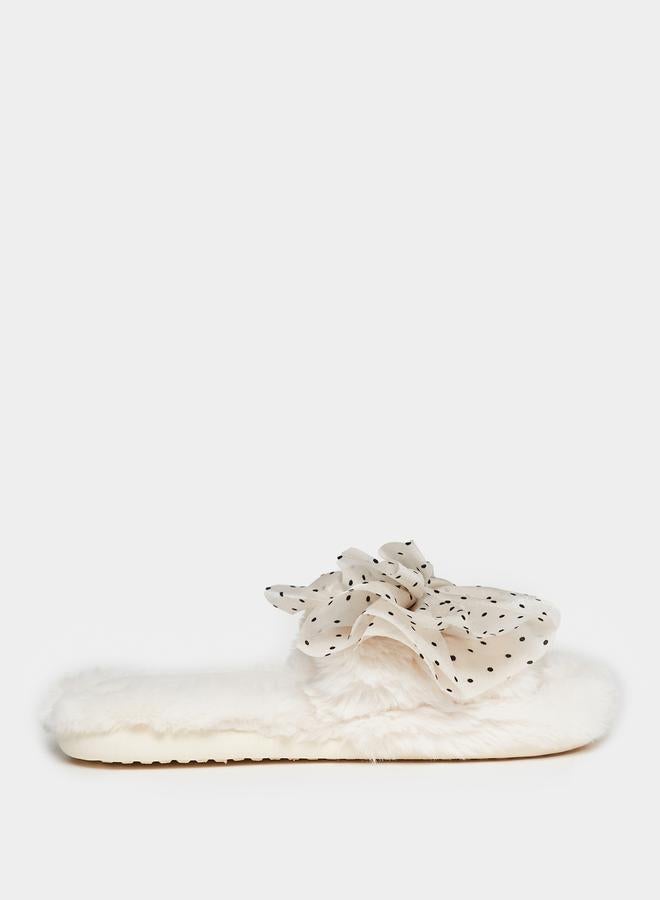 Styli Polka Dot Bow Design Fluffy Bedroom Slippers - Image 1