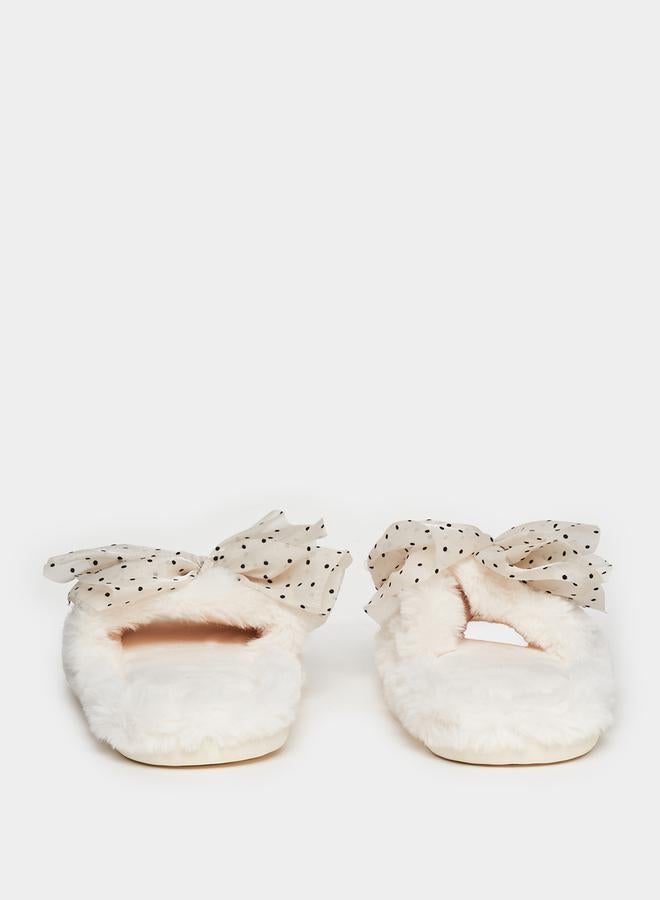 Styli Polka Dot Bow Design Fluffy Bedroom Slippers - Image 3
