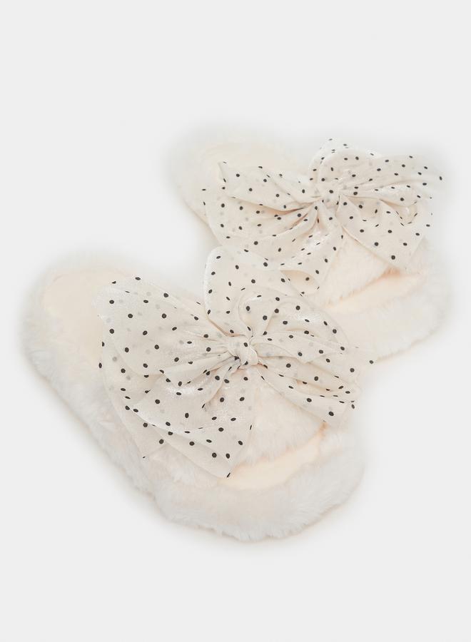 Styli Polka Dot Bow Design Fluffy Bedroom Slippers - Image 5