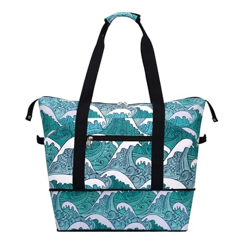 HAWEE Expandable Duffel Bag for Women with Trolley Sleeve and Wet Pocket Water Repellent Weekender Travel Tote Large Capacity Carry On Overnight Luggage Tide - Image 1