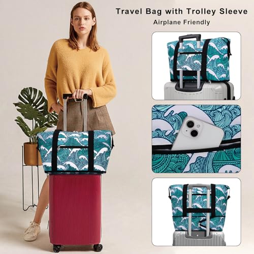 HAWEE Expandable Duffel Bag for Women with Trolley Sleeve and Wet Pocket Water Repellent Weekender Travel Tote Large Capacity Carry On Overnight Luggage Tide - Image 3