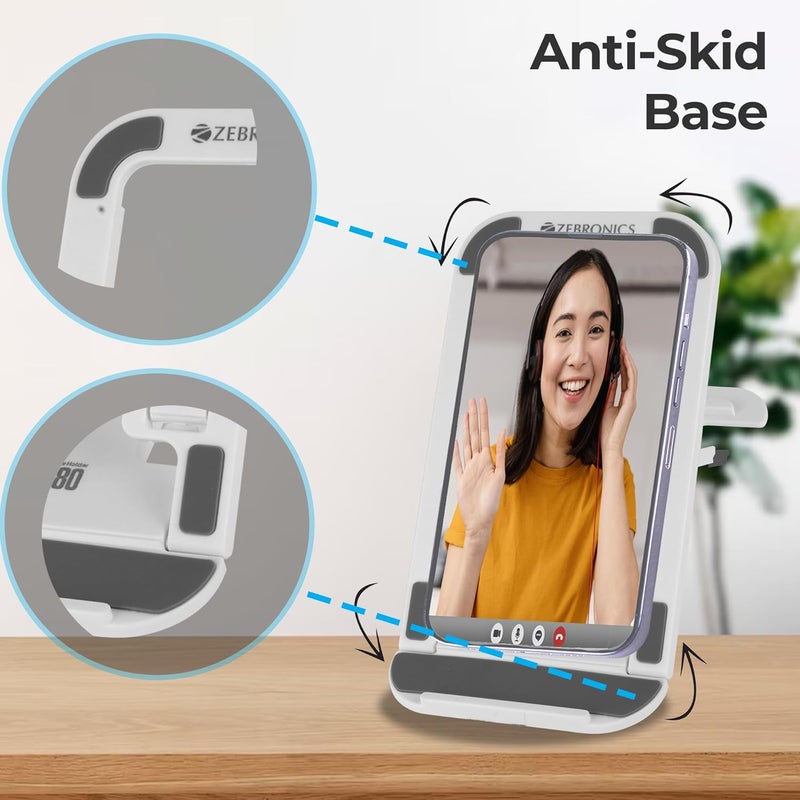 ZEBRONICS حامل الهاتف المحمول MS80 مع ارتفاع قابل للتعديل، تعديل متعدد الزوايا من 10° إلى 50°، تصميم قابل للطي، قاعدة مضادة للانزلاق، تشطيب غير لامع، خفيف الوزن و 4 مستويات قابلة للتعديل (أبيض) - Image 5