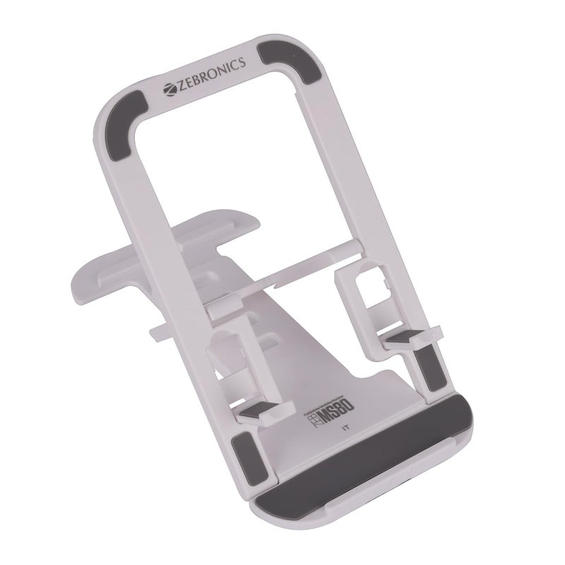ZEBRONICS حامل الهاتف المحمول MS80 مع ارتفاع قابل للتعديل، تعديل متعدد الزوايا من 10° إلى 50°، تصميم قابل للطي، قاعدة مضادة للانزلاق، تشطيب غير لامع، خفيف الوزن و 4 مستويات قابلة للتعديل (أبيض) - Image 1