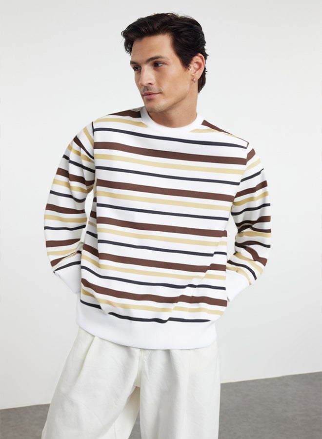 trendyol Brown Oversize/Wide Cut Fleece Lined Striped Sweatshirt - Image 1