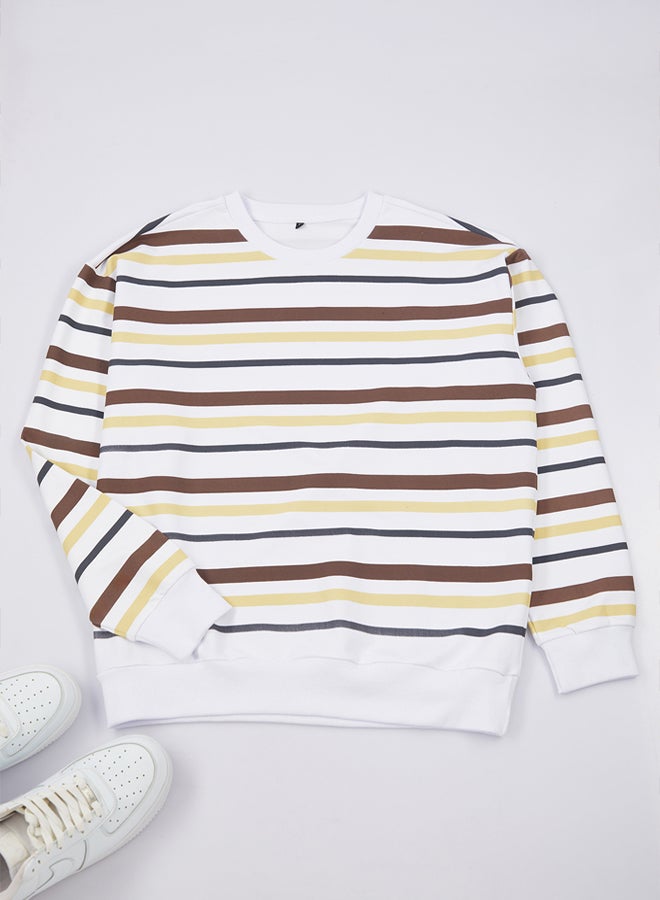 trendyol Brown Oversize/Wide Cut Fleece Lined Striped Sweatshirt - Image 2