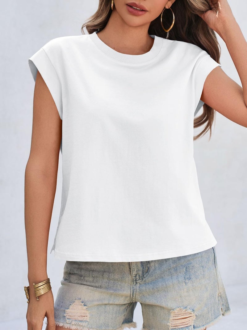Cicy Bell Womens Cap Sleeve Cotton Tank Tops Summer Casual Loose Fit T Shirts Crew Neck Basic Tee White - Image 5