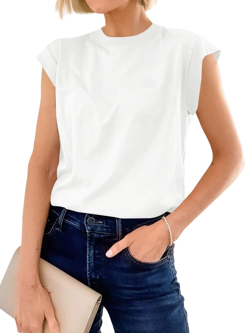 Cicy Bell Womens Cap Sleeve Cotton Tank Tops Summer Casual Loose Fit T Shirts Crew Neck Basic Tee White - Image 1