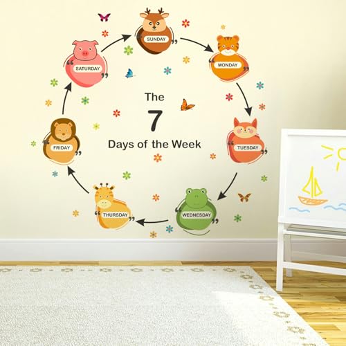 StickMe '7 Days of The Week - Cute -Animals -Baby -Kids -Learning -Education -Nursery -Pre School -Kinder Garden - Creative - Colorful - Wall Sticker' -Sm703 (Multi Colour, Vinyl - 130Cm X 130 Cm) - Image 1