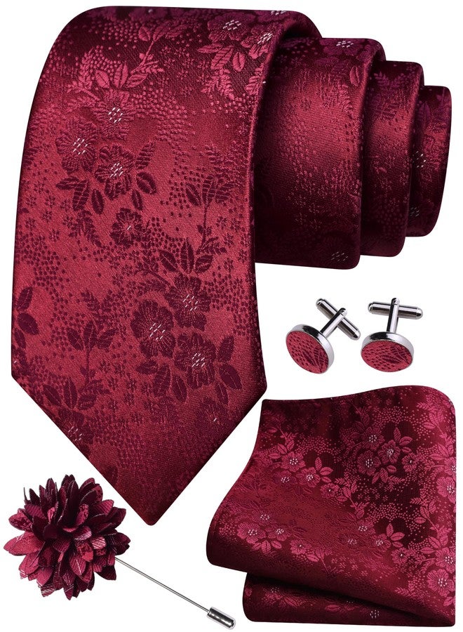 GUSLESON Burgundy Tie for Men Solid Silk Floral Wedding Necktie Pocket Square Cufflinks and Lapel Pin Brooch Set (6107-05) - Image 1